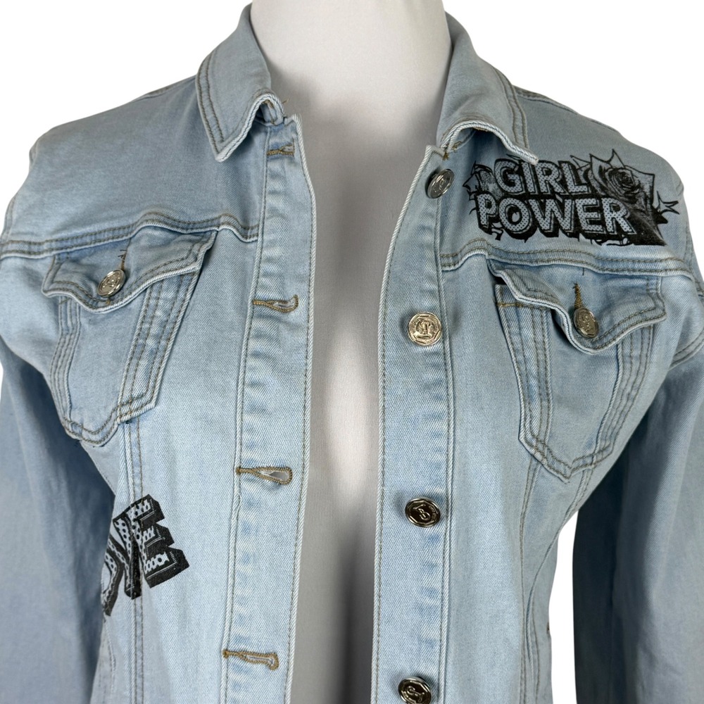 Blue Topic Women's Small Girl Power Comic Graphic Denim Jacket Light Wash - Picture 2 of 12